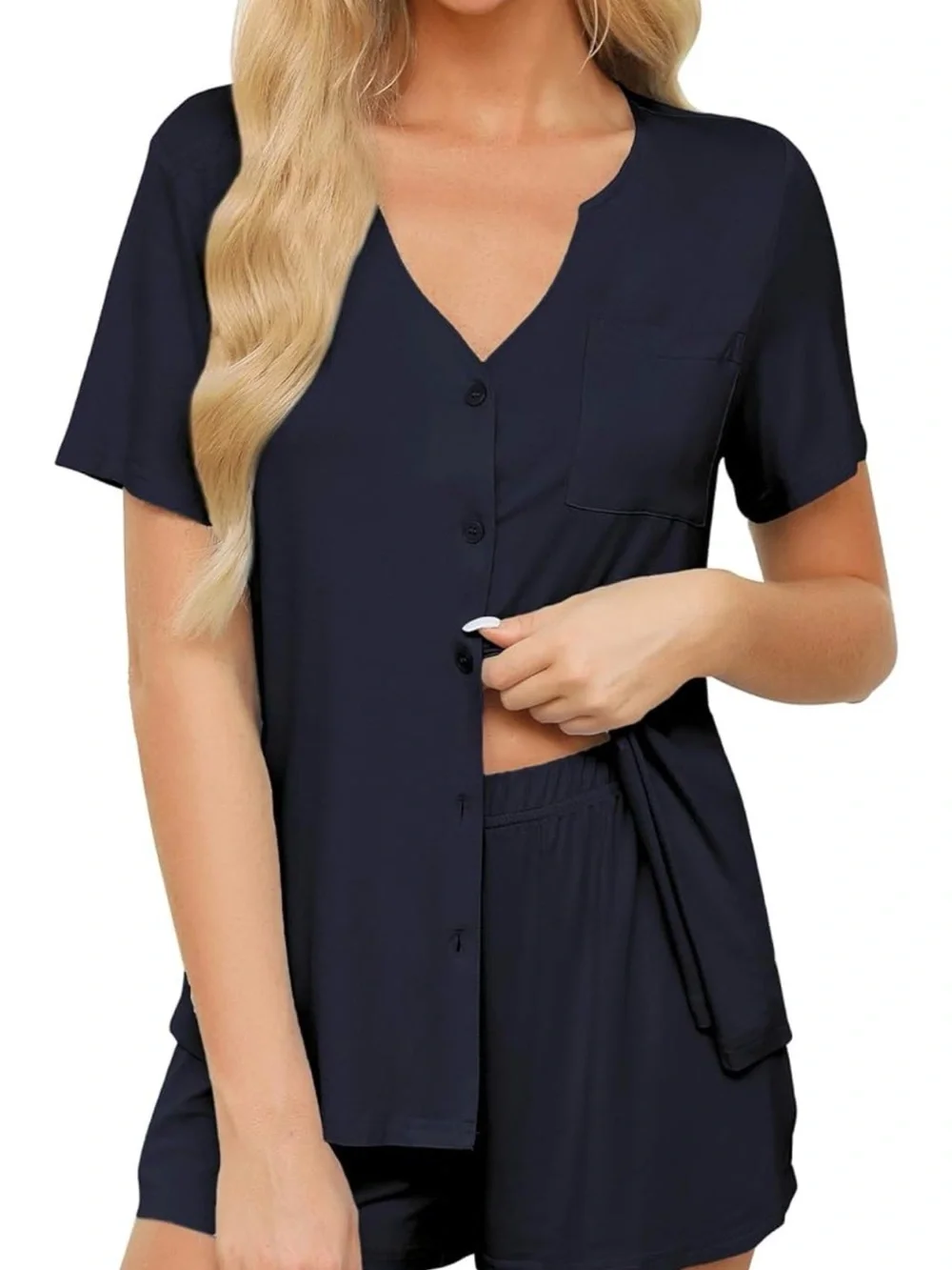 Women's Navy Short Sleeve Button-Front Pajama Set - Picture 3 of 3